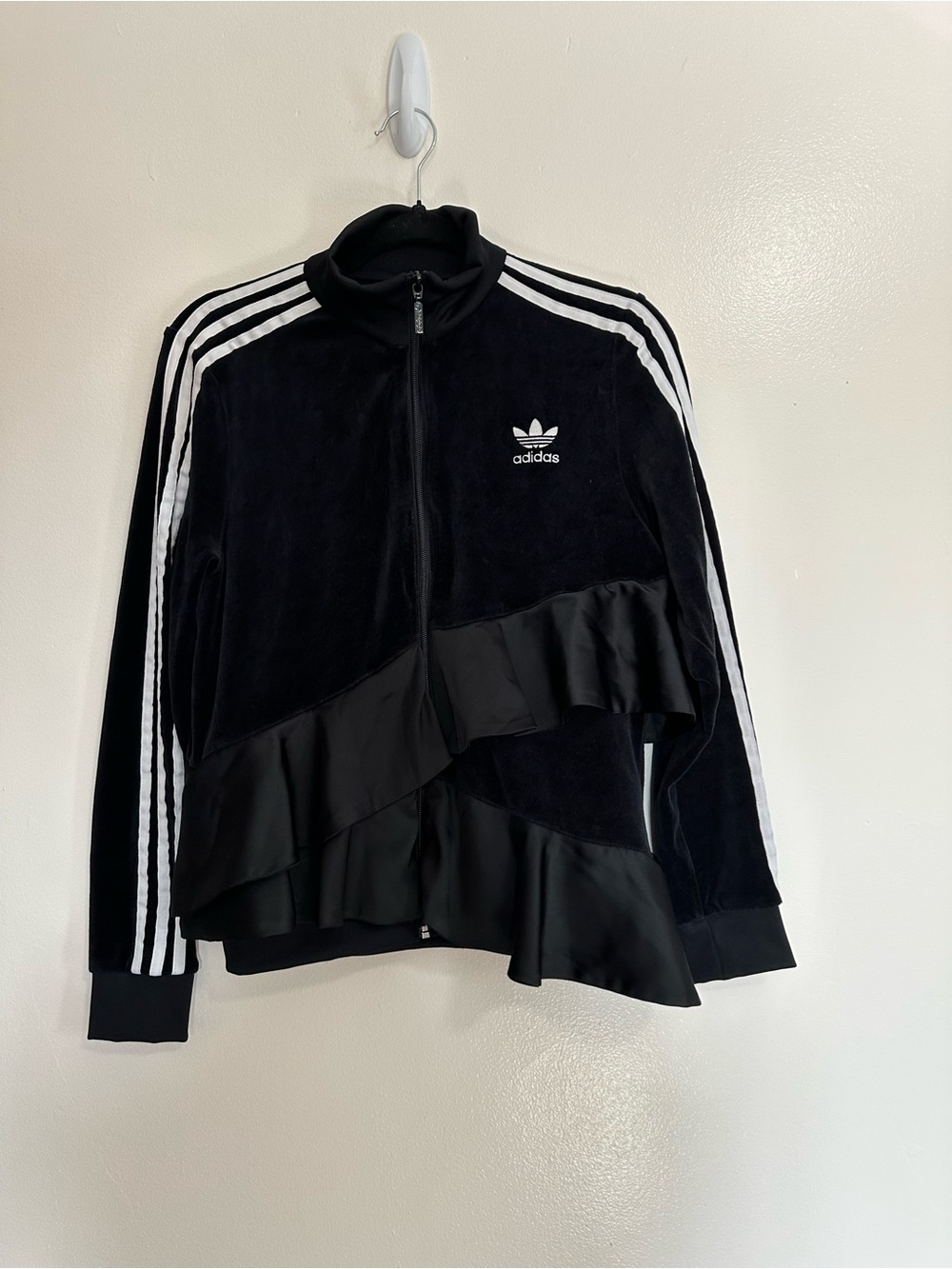 adidas Black Ruffled Track Jacket with White Stripes - Picture 6 of 10